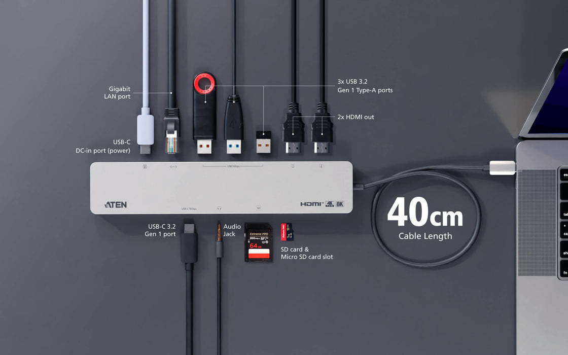 ATEN Docking 11-in-1 USB-C Multiport Dock + Power Pass-Through, 2 x HDMI, LAN, 3.5mm, USB-C, SD Card, microSD, 3 x USB 3.2