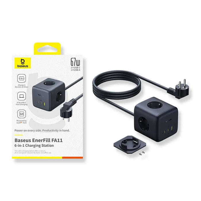 Baseus EnerFill FA11 67W Power Strip USB-A + USB-C Cube + 3 x EU Socket 1.5m - Black - Cell phone USB