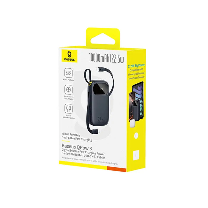Baseus EnerFill FC31 10000mAh 22.5W Powerbank with Digital Display and 2 Built-in Cables (USB-C + Lightning) - Black