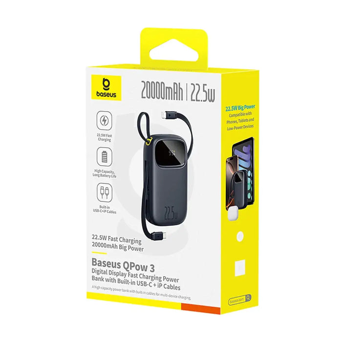 Baseus EnerFill FC31 20000mAh 22.5W Powerbank with Digital Display and 2 Built-in Cables (USB-C + Lightning) - Black