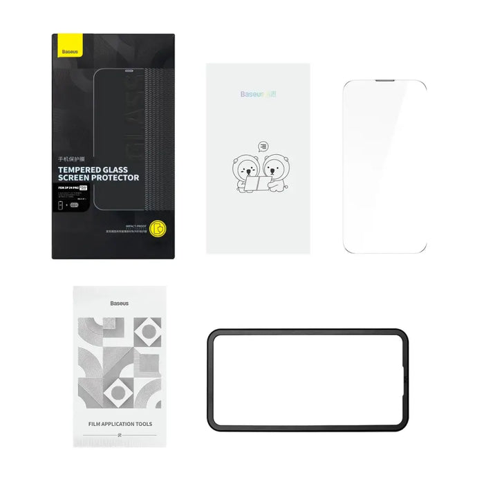 Baseus Full Screen Tempered Glass for iPhone 14 Pro with Speaker Cover 0.3mm + Mounting Frame - Cell phone tempered