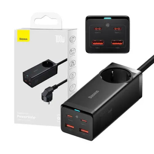 Baseus GaN3 Pro wall charger / powerstrip 2xUSB + 2xUSB-C + AC 100W (black) - mains chargers<<<Chargers<<<GSM