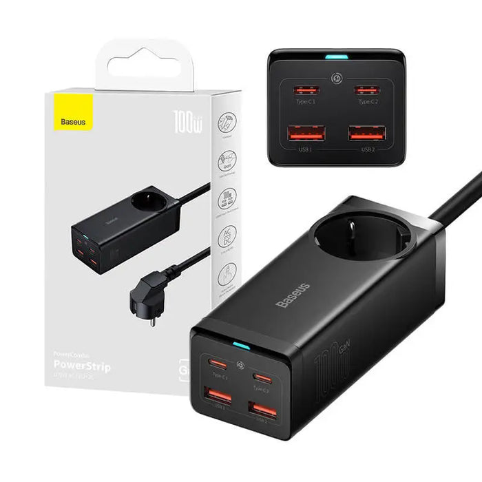 Baseus GaN3 Pro wall charger / powerstrip 2xUSB + 2xUSB-C + AC 100W (black) - mains chargers<<<Chargers<<<GSM