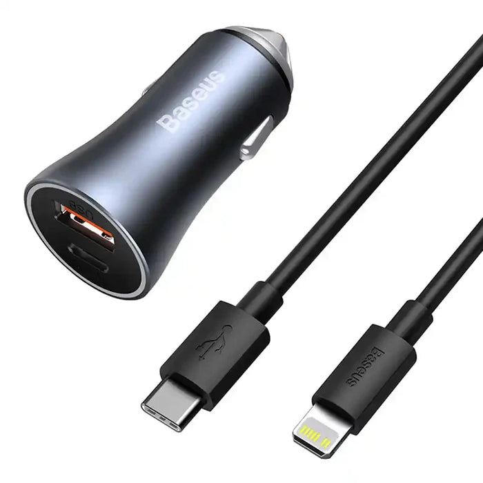 Baseus Golden Contactor Pro Car Charger USB + USB-C QC4.0+ PD SCP 40W (gray) + Cable USB-C do iP 1m (black) - Car