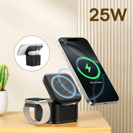 Baseus MagPro 3in1 25W MagSafe Compatible Inductive Charger for Phone and Smartwatch - Black - Cell phone USB