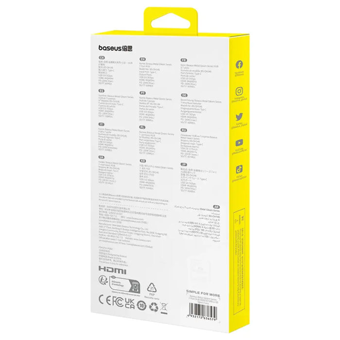 Baseus Metal Gleam 7in1 HDMI 4K 60Hz USB-C Hub / 3x USB 3.0 / USB-C PD / SD / microSD - Gray - USB hubs<<<HurtelXML