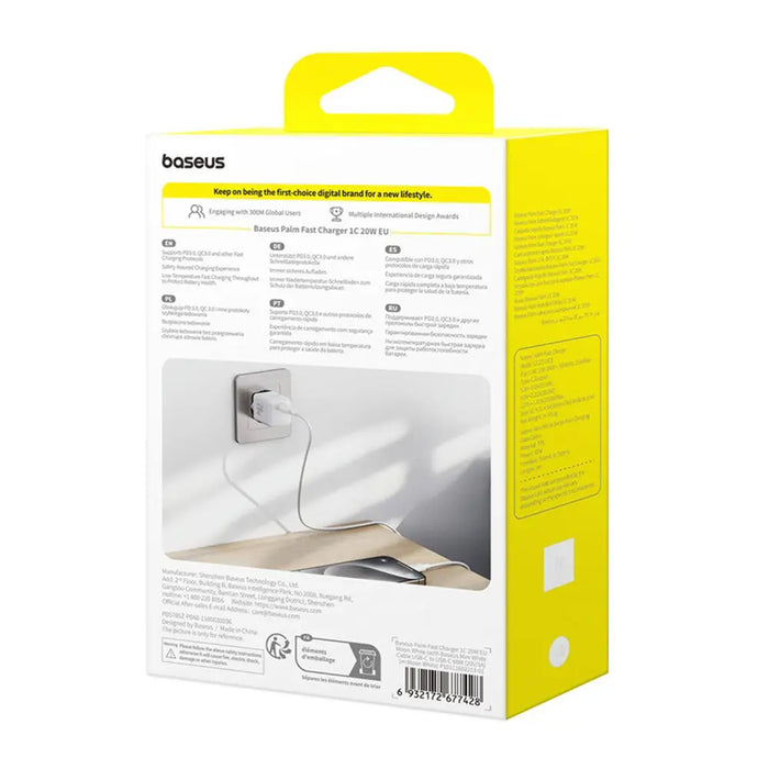 Baseus Palm 1C 20W Wall Charger (with Baseus Mini White USB-C 60W (20V/3A) 1m Cable) - White - Cell phone USB