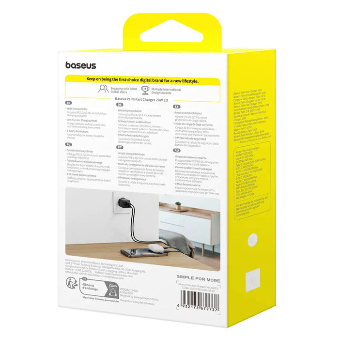 Baseus Palm 20W USB-C USB-A Wall Charger - Black - Cell phone USB charger<<<HurtelXML&&&Travel