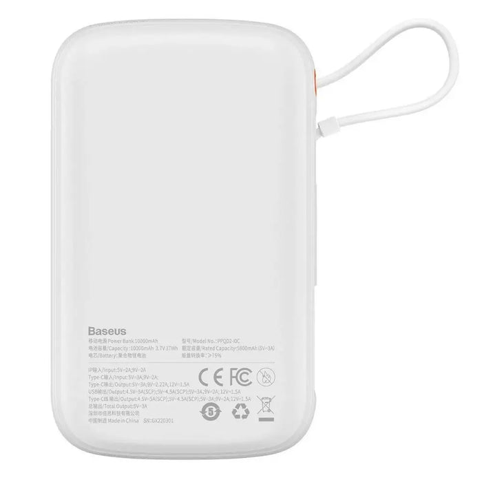 Baseus Qpow Digital Display powerbank with fast charging 10000mAh 22.5W QC/PD/SCP/FCP with built-in USB-C cable white
