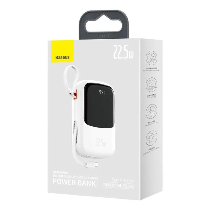 Baseus Qpow Digital Display powerbank with fast charging 20000mAh 22.5W QC/PD/SCP/FCP with built-in USB-C cable white