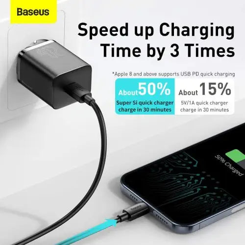 Baseus Super Si Quick Charger 1C 20W with USB-C cable for Lightning 1m (black) - Lightning