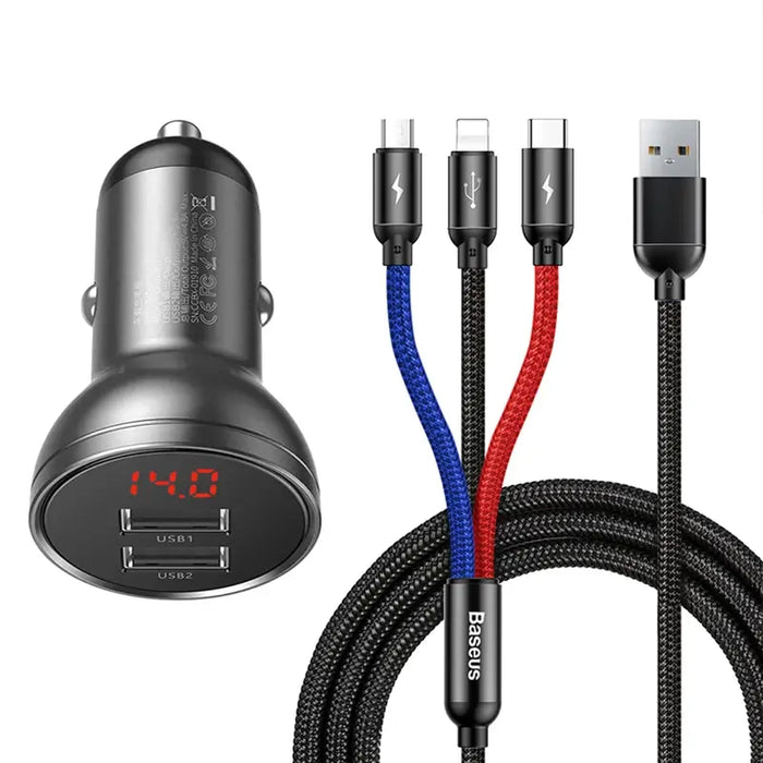 Baseus Car Charger with display 24W + Cable USB 3in1 Baseus Three Primary Colors 1,2m