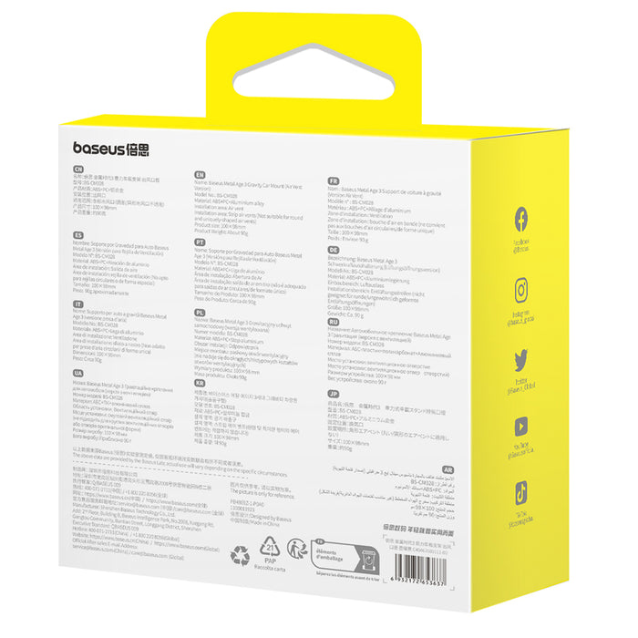 Baseus Metal Age 3 Car Phone Holder, Gravity, for Air Vent - Black