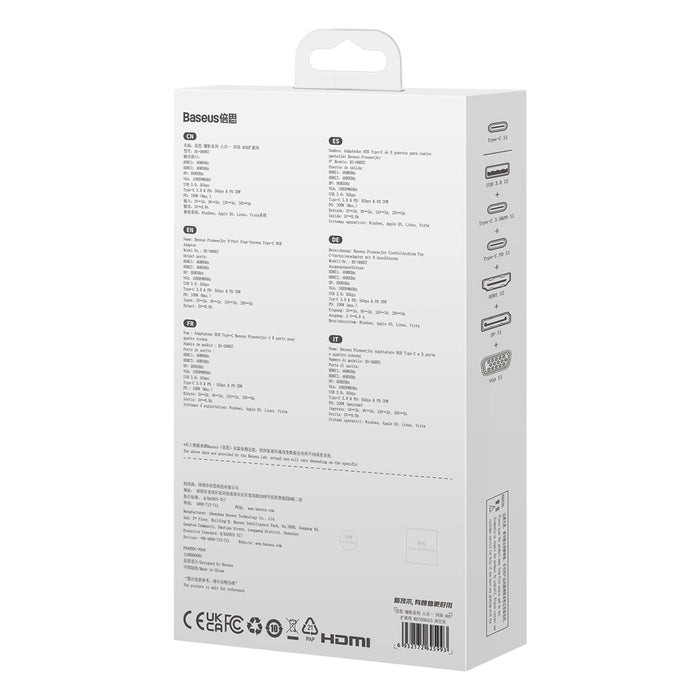 Baseus PioneerJoy 8-in-1 USB-C hub HDMI 4K@60Hz + HDMI 4K@30Hz + DisplayPort 8K@30Hz + VGA + 2 x USB-A 3.0 + 2 x USB-C - gray