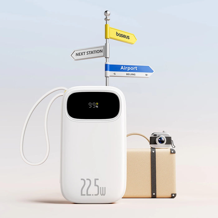 Baseus EnerFill FC31 20000mAh 22.5W Powerbank with Digital Display and 2 Built-in Cables (USB-C + Lightning) - White