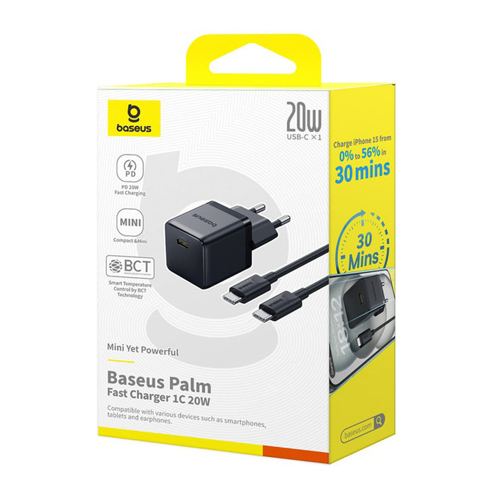Baseus Palm 1C 20W Wall Charger (with Baseus Mini White USB-C 60W (20V/3A) 1m Cable) - Black