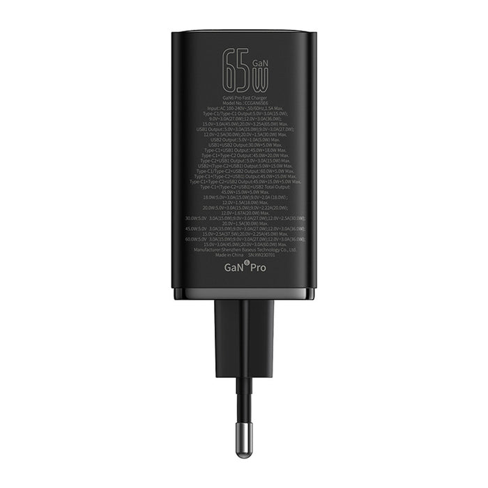 Baseus GaN6 Pro Charger 65W 2 x USB-C 2 x USB-A with Black USB-C Cable 100W 1m - Black