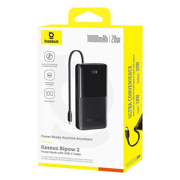 Baseus Bipow 2 10000mah 20W Powerbank with Digital Display with Built-in USB-C Cable - Black