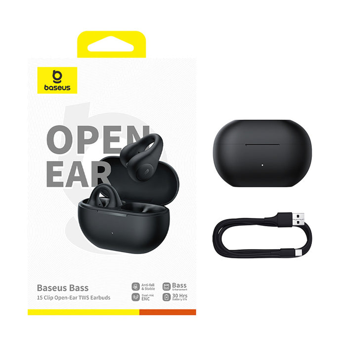 Baseus Bass 15 Clip OWS Wireless Headphones with Baseus Simple USB-C 3A 30cm Cable - Black