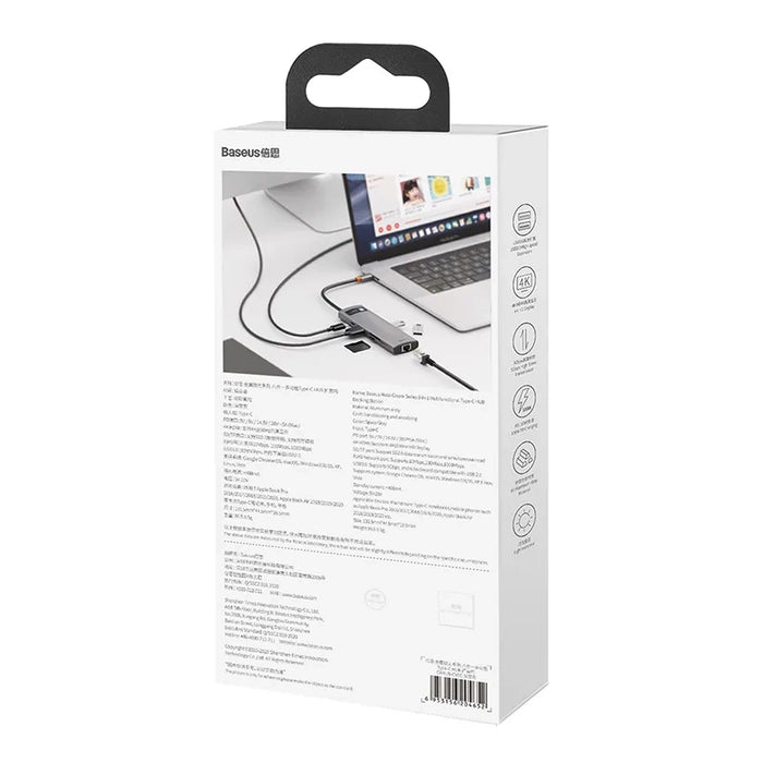 Hub 8in1 Baseus Metal Gleam Series, USB-C to 3x USB 3.0 + HDMI + USB-C PD + Ethernet RJ45 + microSD/SD