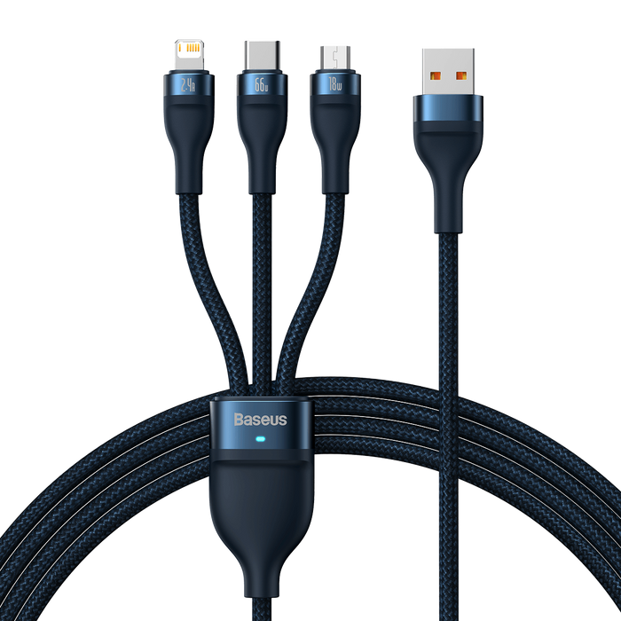 3in1 USB cable Baseus USB 3in1 Baseus Flash Series,  USB-C + Micro + Lightning 66W, 1.2m (blue)