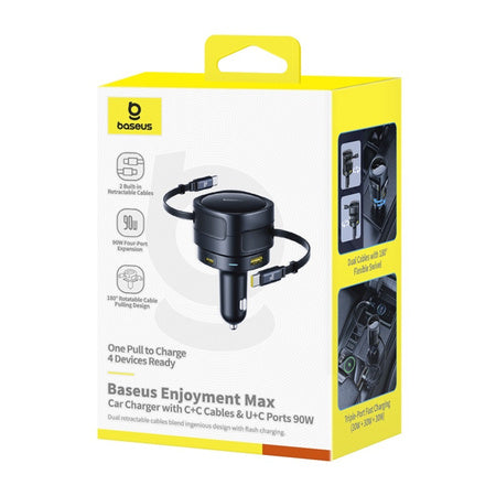 Baseus Enjoyment Max car charger with USB-C+USB-C cables and USB-A+USB-C ports 90W Black