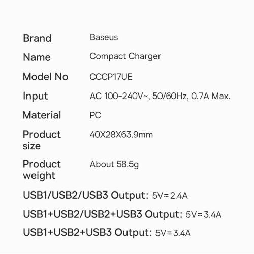 Baseus Compact Quick Charger, 3x USB, 17W (Black)