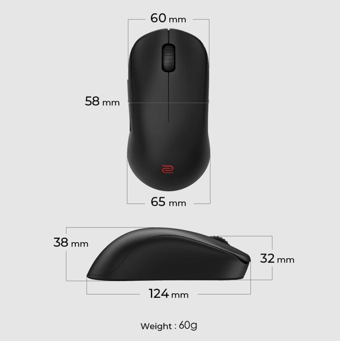 BenQ ZOWIE U2 Wireless Mouse For Esports, Size M, 60g, up to 1000 Hz, up to 3200 DPI, Symmetrical design, Inward-curved on both sides for agility during multi-angle movement, Wireless design w/enhanced receiver, Driverless, plug and play