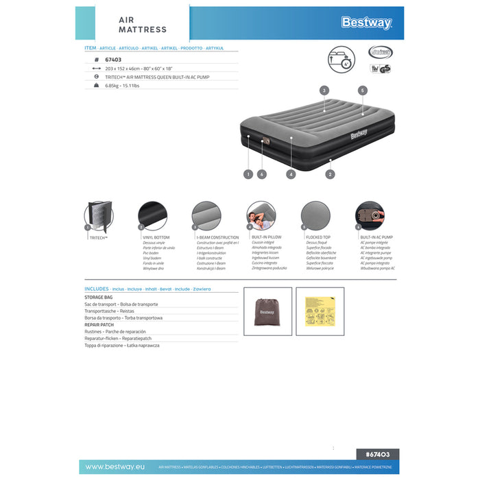 INFLATABLE MATTRESS 203X152X46CM WITH PUMP BESTWAY 67403