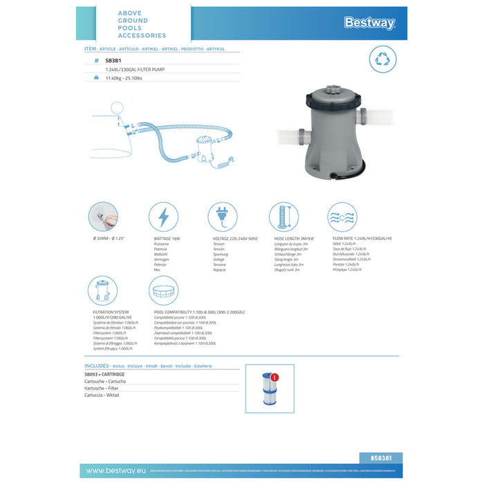 POOL FILTER PUMP 1249L/H BESTWAY 58381