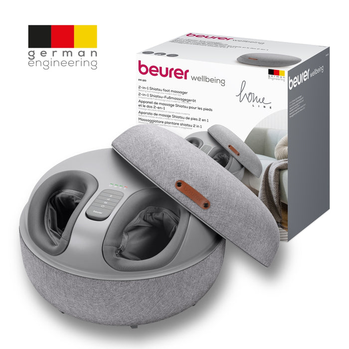 Beurer FM 120 Shiatsu foot massager + modern stool; Shiatsu and air pressure massage; Heat function; 3 massage programmes; 3 intensity levels of air compression massage; shoe size 46; washable and removable cover; wireless control