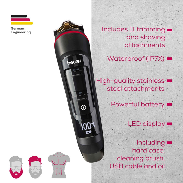 Beurer MN9X body groomer, 11 attachments with 16 cutting lengths for trimming and shaving on the entire body, Waterproof (IPX7),  Quick-charge function, LED display, Incl. practical hard case