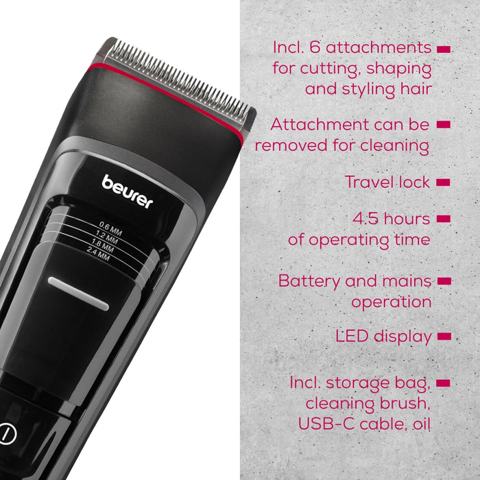 Beurer MN5X hair clipper, 7 Attachments, 6 adjustable cutting lengths and 4-stage fine adjustment, LED display with battery display, Battery and mains operation, travel lock display and charge display, storage bag
