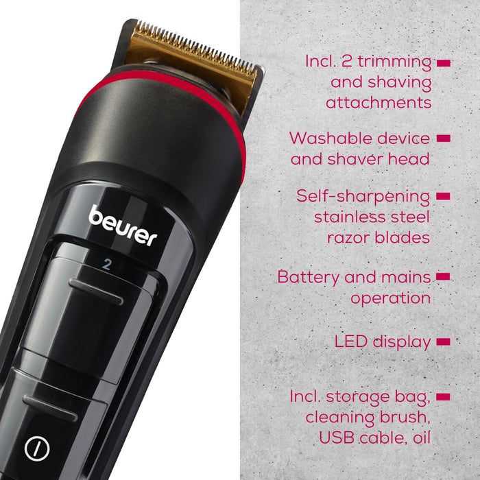 Beurer MN4X beard styler, 2 Attachments, slim titanium contour blade, Battery and mains operation, LED display, 10 cutting lengths, 2 comb attachments with length adjustment: 3-7 and 8-12 mm,Water-resistant