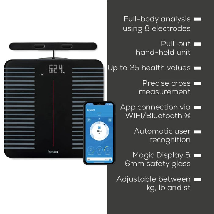 Beurer BF 990 WIFI/Bluetooth 8-electrode diagnostic bathroom scale with extendable handpiece for full body analysis; 5 activity levels; 8 user memories; 180 kg