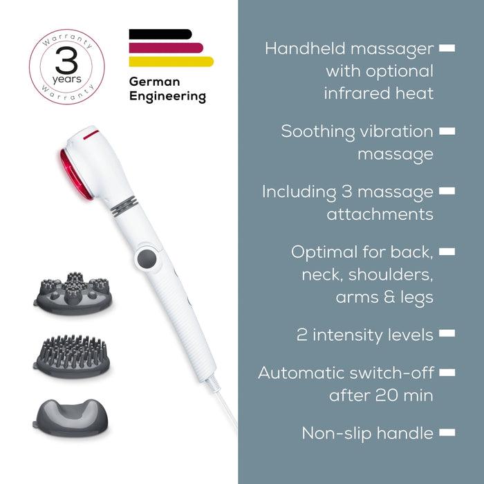 Beurer MG 44 infrared massager; Soothing vibration massage; Rotating massage head and 3-way adjustable handle; Infrared heat; 3 function levels; 4 interchangeable massage attachments