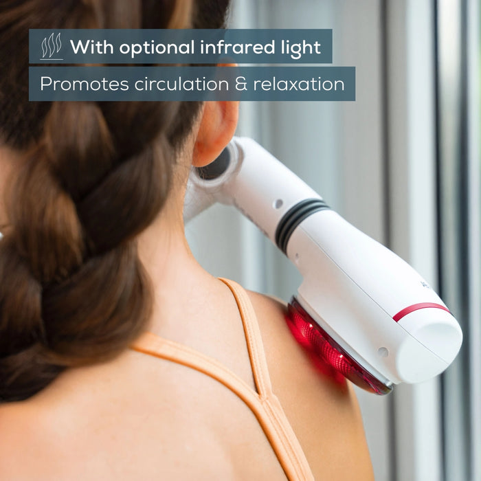 Beurer MG 44 infrared massager; Soothing vibration massage; Rotating massage head and 3-way adjustable handle; Infrared heat; 3 function levels; 4 interchangeable massage attachments