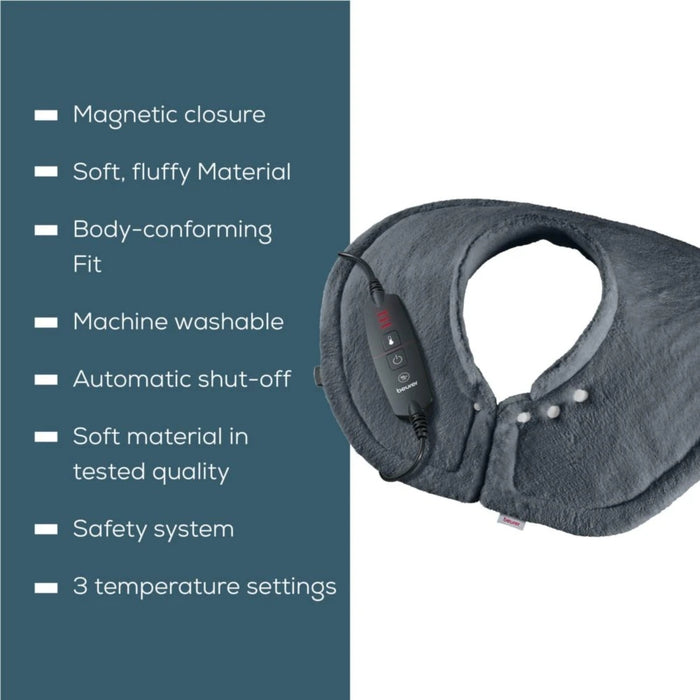 Beurer HK 66 Cosy Grey Shoulder & Neck Heat Pad; 3 temperature settings; auto switch-off after 90 min; washable on 30°; removable switch; fleece fibre;56(L)x52(W) cm