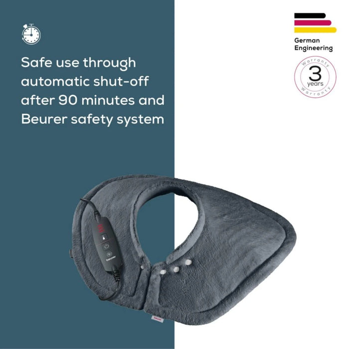Beurer HK 66 Cosy Grey Shoulder & Neck Heat Pad; 3 temperature settings; auto switch-off after 90 min; washable on 30°; removable switch; fleece fibre;56(L)x52(W) cm