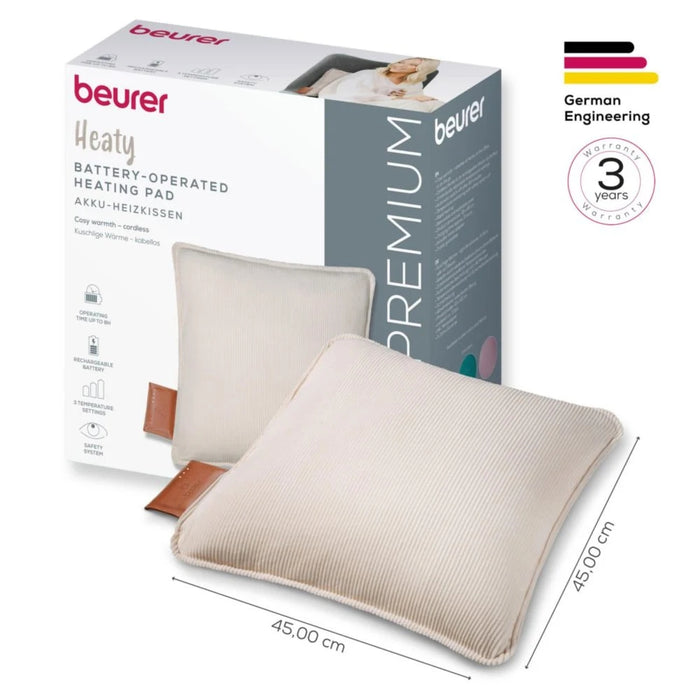 Beurer HK 77 Heaty cashmere-creme; lithium-ion battery; Soft velvet cushion cover machine-washable at 30°C; 3 temperature settings; Fast heating; BSS; 45(L)x45(W) cm