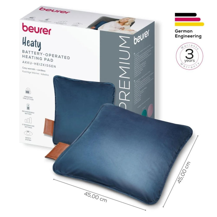 Beurer HK 77 Heaty obsidian-blue; lithium-ion battery; Soft velvet cushion cover machine-washable at 30°C; 3 temperature settings; Fast heating; BSS; 45(L)x45(W) cm