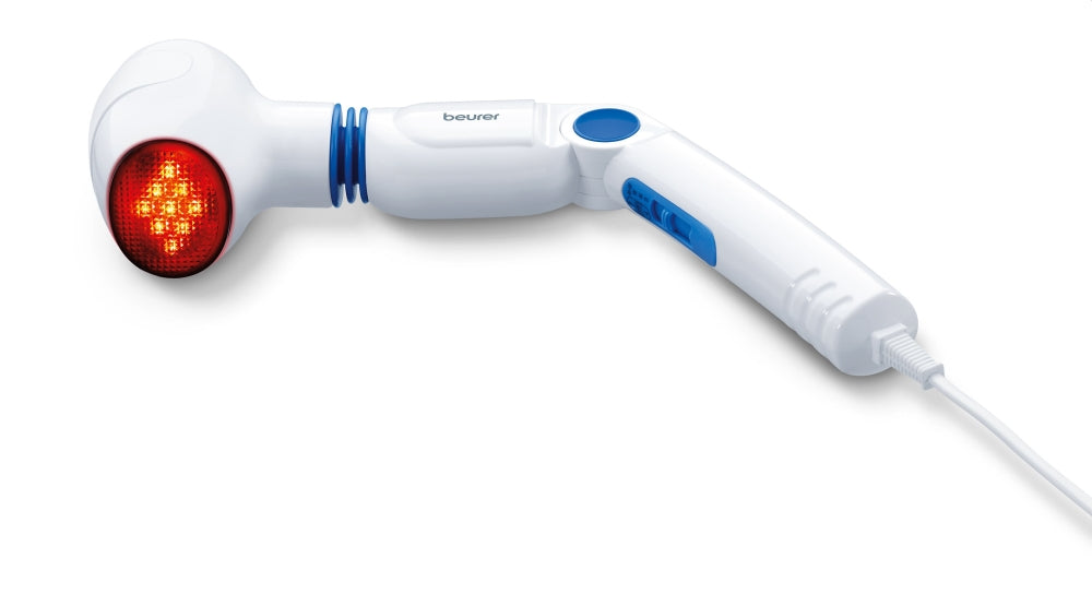Beurer MG 40 infrared massager; Soothing vibration massage; Rotating massage head and 3-way adjustable handle; Infrared heat; 3 function levels; 4 interchangeable massage attachments
