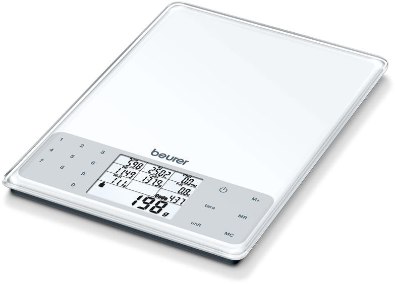 Beurer DS 61 nutritional analysis scale; Nutritional and energy values for 950 saved foods (kcal, kJ, fat, bread units, protein, carbohydrates and cholesterol) and space for 50 customisablememory spaces; 5 kg / 1 g