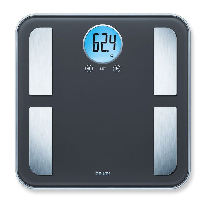 Beurer BF 195 diagnostic bathroom scale; round LCD display; Weight, body fat, body water, muscle percentage, bone mass, AMR calorie display; 180 kg