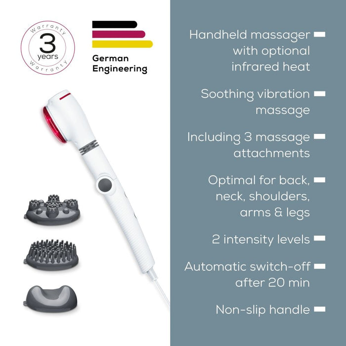 Beurer MG 44 infrared massager; Soothing vibration massage; Rotating massage head and 3-way adjustable handle; Infrared heat; 3 function levels; 4 interchangeable massage attachments