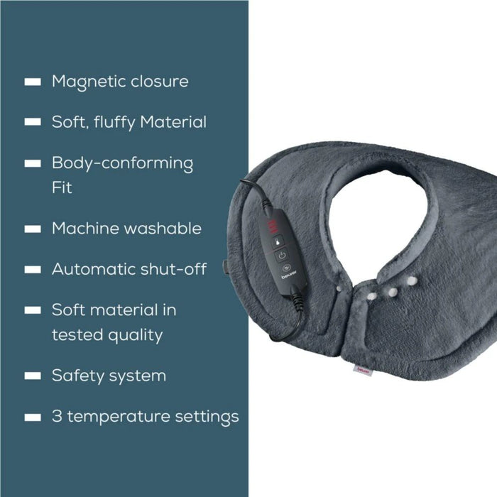 Beurer HK 66 Cosy Grey Shoulder & Neck Heat Pad; 3 temperature settings; auto switch-off after 90 min; washable on 30°; removable switch; fleece fibre;56(L)x52(W) cm