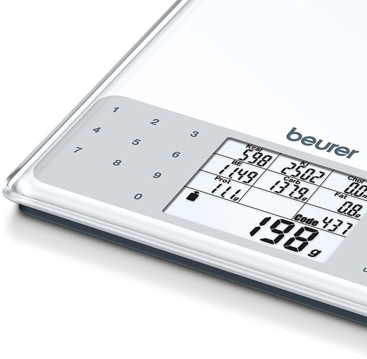 Beurer DS 61 nutritional analysis scale; Nutritional and energy values for 950 saved foods (kcal, kJ, fat, bread units, protein, carbohydrates and cholesterol) and space for 50 customisablememory spaces; 5 kg / 1 g