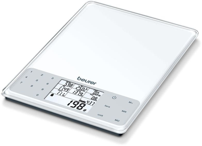 Beurer DS 61 nutritional analysis scale; Nutritional and energy values for 950 saved foods (kcal, kJ, fat, bread units, protein, carbohydrates and cholesterol) and space for 50 customisablememory spaces; 5 kg / 1 g