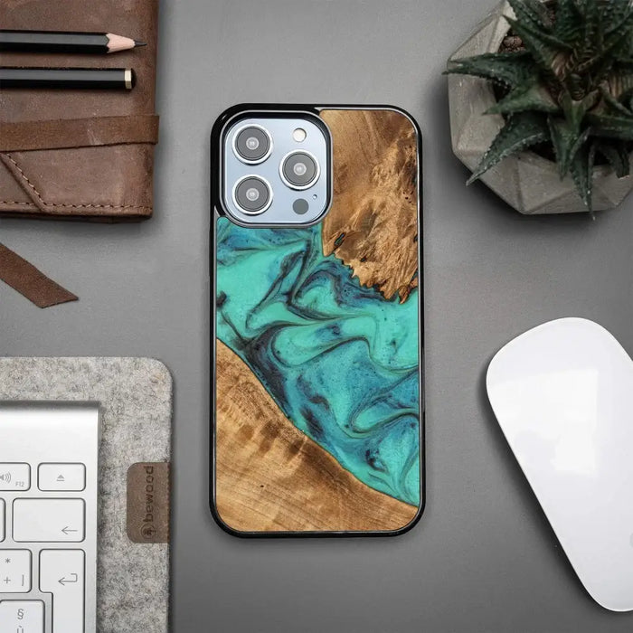Bewood Unique Turquoise Wood and Resin Case for iPhone 15 Pro Max - Turquoise and Black - Cell phone cases