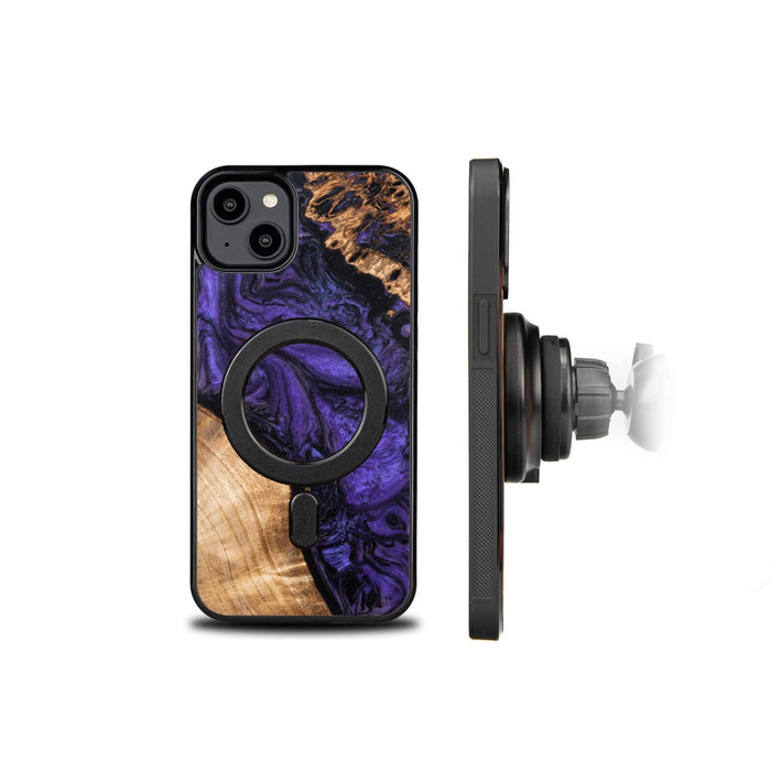 Wood and resin case for iPhone 15 Plus MagSafe Bewood Unique Violet - purple and black